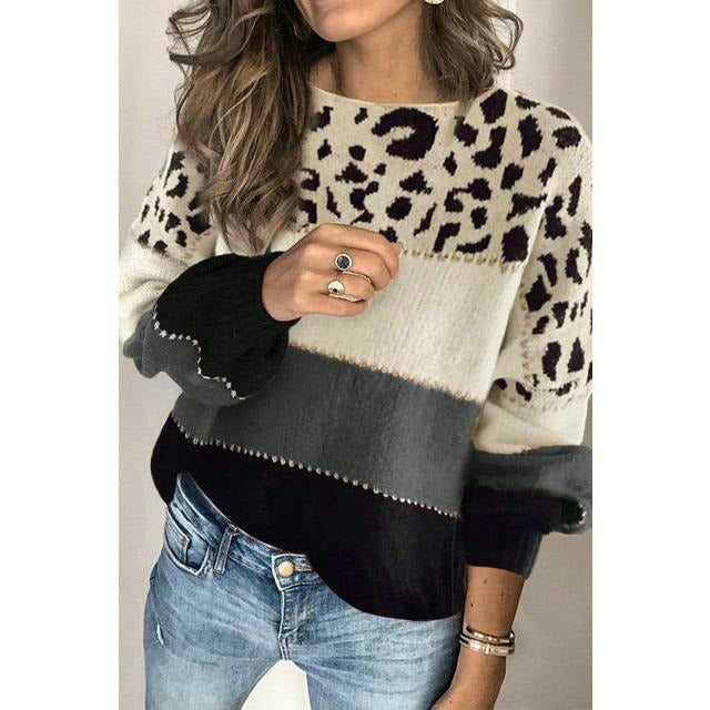 R&B | Pullover - Damen Herbst Leopard Patchwork Strickpullover