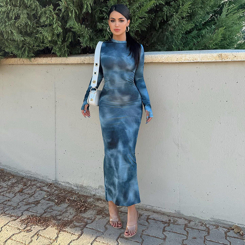 Damen figurbetontes Maxikleid mit langen Ärmeln und modernem Batikmuster R&B