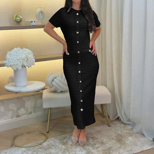 Damen Elegantes figurbetontes Maxikleid mit Knopfleiste und Taschen R&B