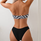 Damen Bandeau-Bikini mit modischem Karomuster und eleganter Schnalle R&B