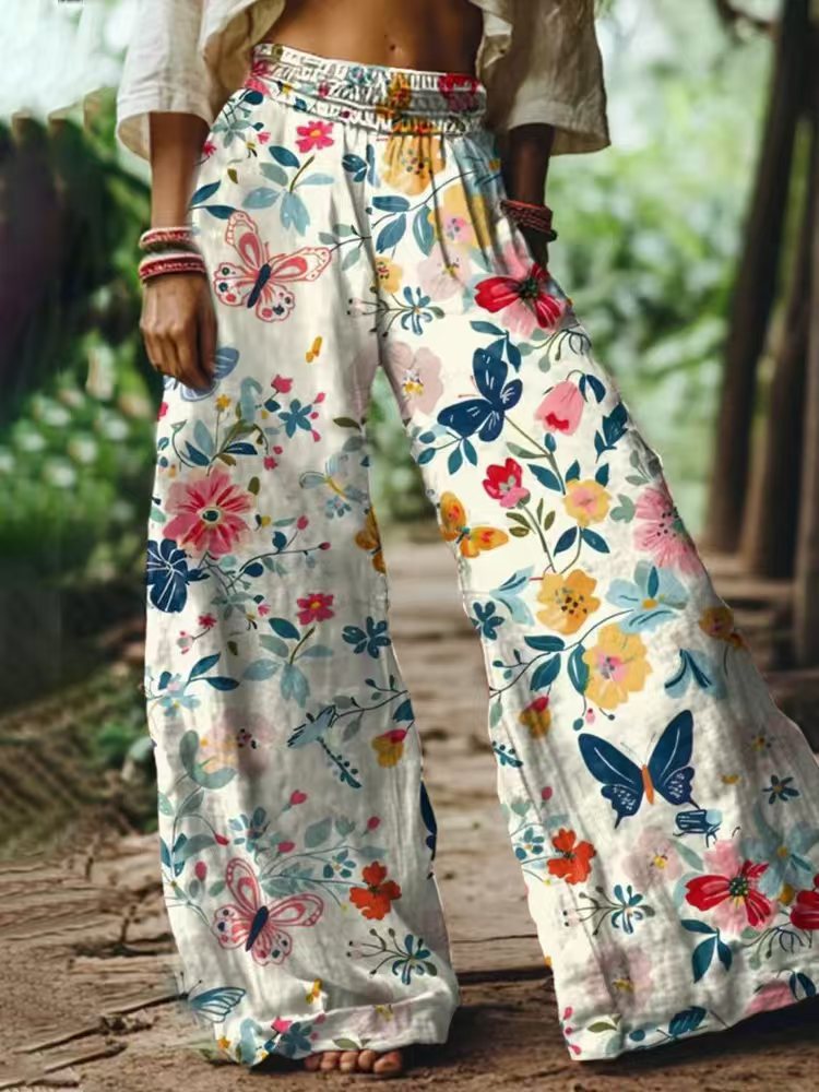 Damen Weite Sommerhose mit buntem Blumen- und Schmetterlingsprint R&B