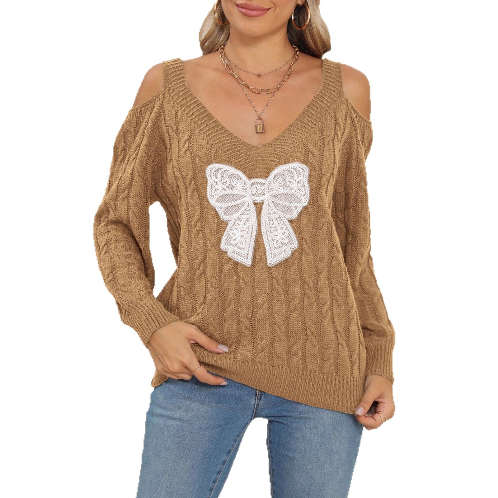 Damen modischer Pullover mit verspielt eingestricktem Schleifenmotiv R&B