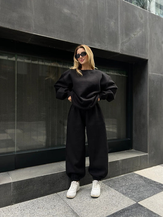 Damen bequemer Kuschel-Loungewear-Anzug mit elastischem Bund und weiten Hosen R&B