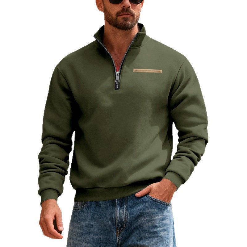 Herren nan Sweatshirt mit halbem Reißverschluss, Stehkragen und Brust-Welttasche R&B