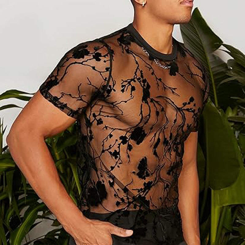 Damen nan transparentes Netz-Oberteil mit floraler Samtstickerei und Rundhalsausschnitt R&B