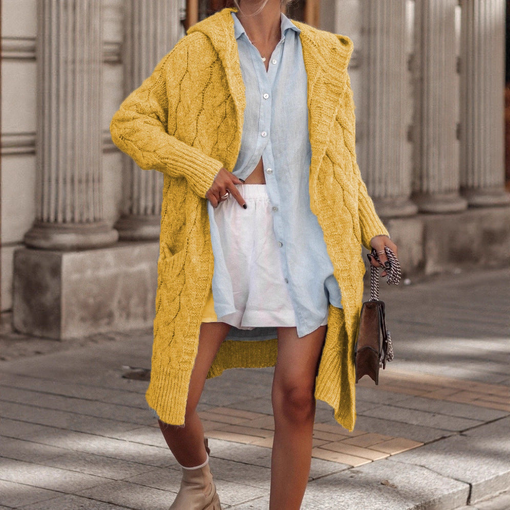 Damen Grobe Strickjacke mit Kapuze und Zopfdesign R&B