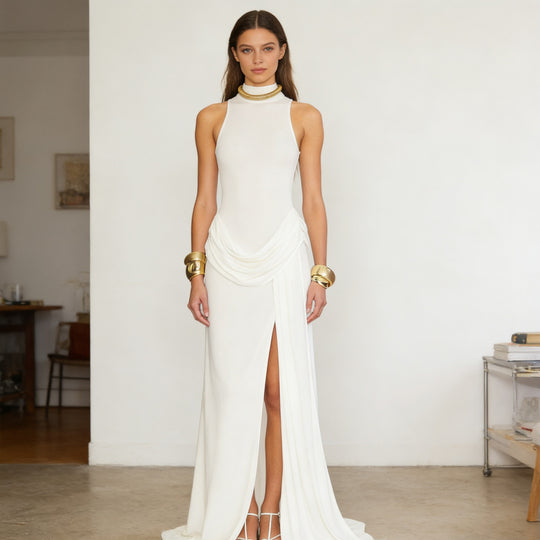 Damen Elegantes Maxikleid mit hoher Beinschlitze und raffinierter Drapierung R&B