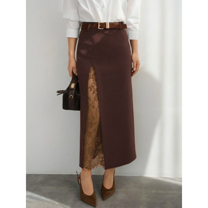 Damen Eleganter Maxirock mit transparentem Spitzeneinsatz und seitlichem Schlitz R&B