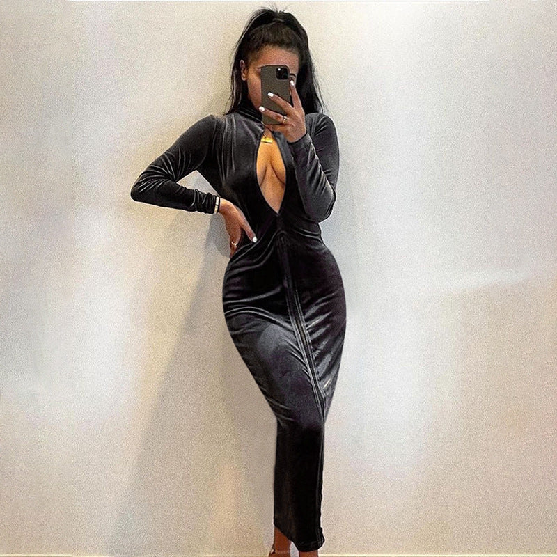 Damen Hochwertiges Samtkleid mit tiefem Ausschnitt und langen Ärmeln R&B