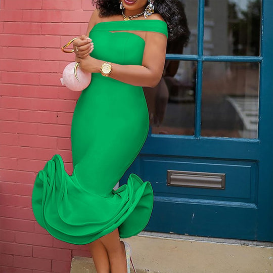 Damen figurbetontes Mermaid-Kleid mit schulterfreiem Design und wogendem Saum R&B