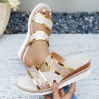 Damen Glamouröse Wedge-Sandaletten mit Glitzer-Riemen und komfortablem Fußbett R&B