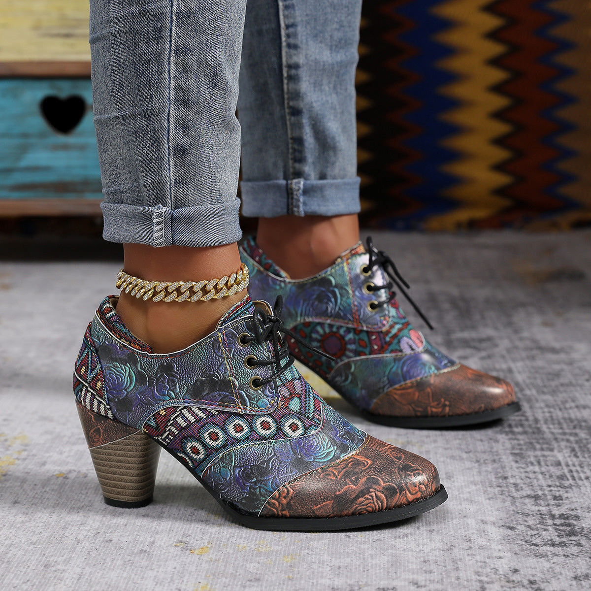 Damen Stiefeletten mit floralem Design und komfortablem Blockabsatz R&B