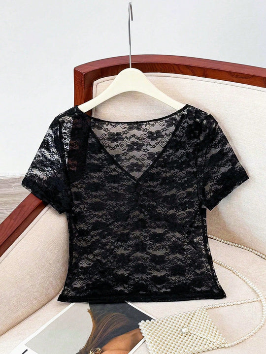 Damen Spitze Oberteil mit V-Ausschnitt und gerafftem Design R&B