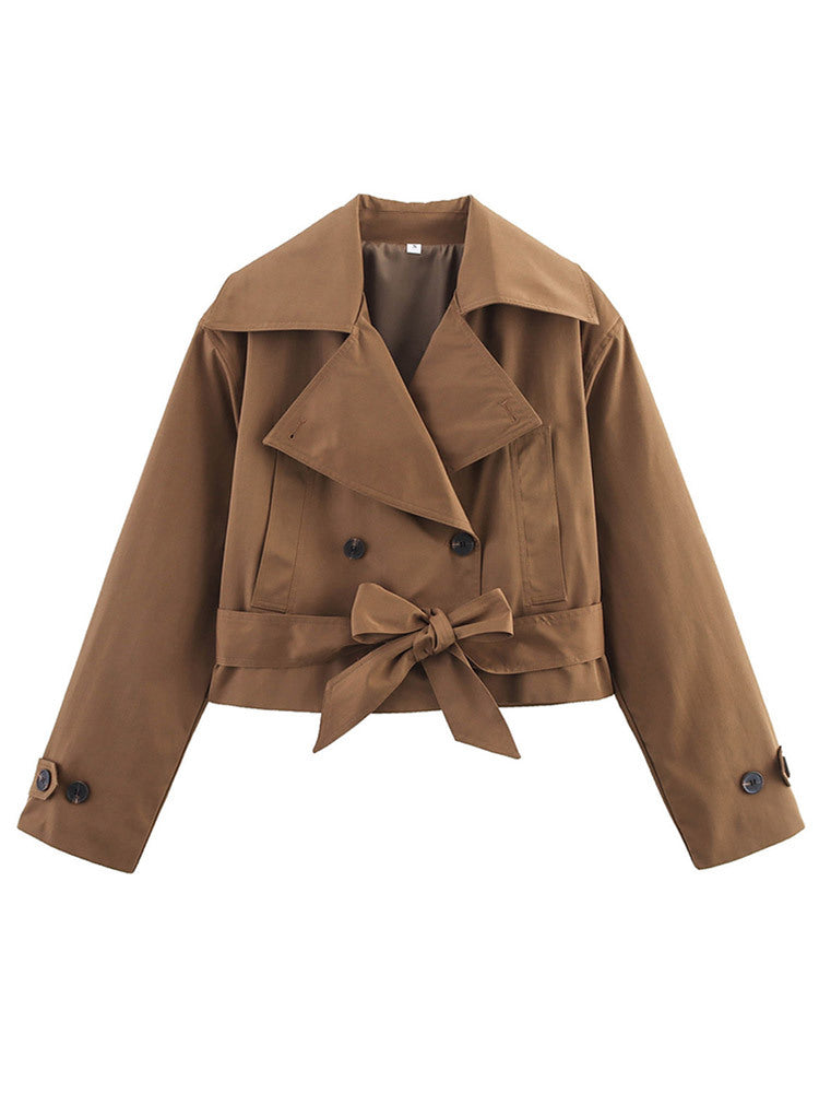 Damen Cropped Trenchcoat mit breitem Revers und Taillengürtel R&B