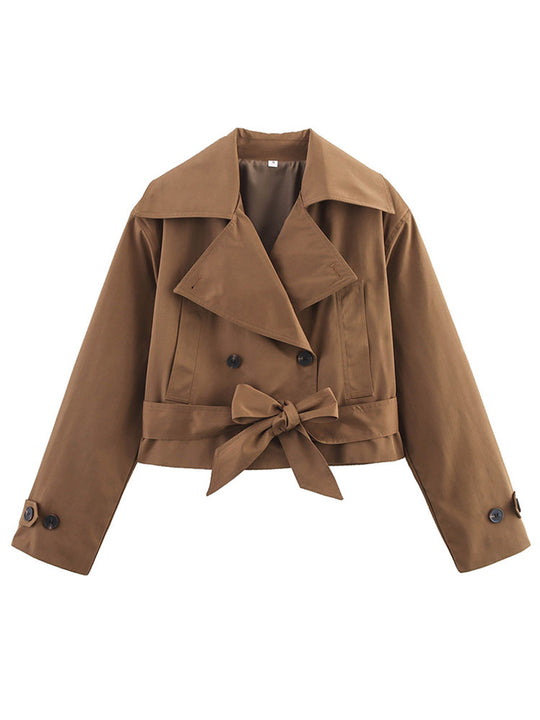 Damen Cropped Trenchcoat mit breitem Revers und Taillengürtel R&B