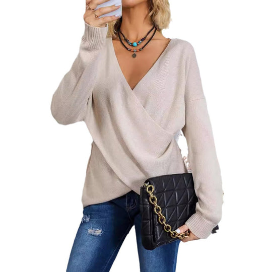 Damen Wickelpullover mit tiefem V-Ausschnitt und lässigem Schnitt R&B