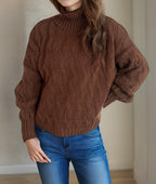 Damen Strickpullover mit hohem Kragen und strukturierter Zopfoptik R&B