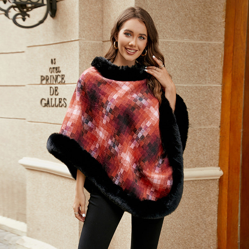 Damen modischer Poncho mit luxuriösem Kunstpelzkragen