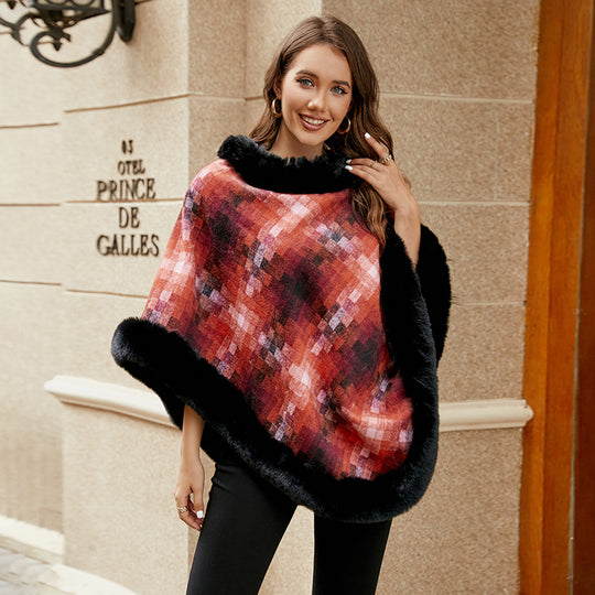 Damen modischer Poncho mit luxuriösem Kunstpelzkragen R&B