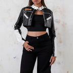 Damen modische cropped Kunstlederjacke R&B