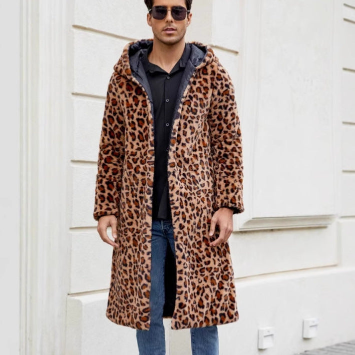 Herren Eleganter Kunstfellmantel mit Leopardenmuster R&B