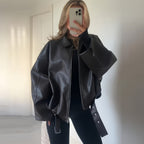 Damen oversized Kunstlederjacke mit lässigem Schnitt R&B