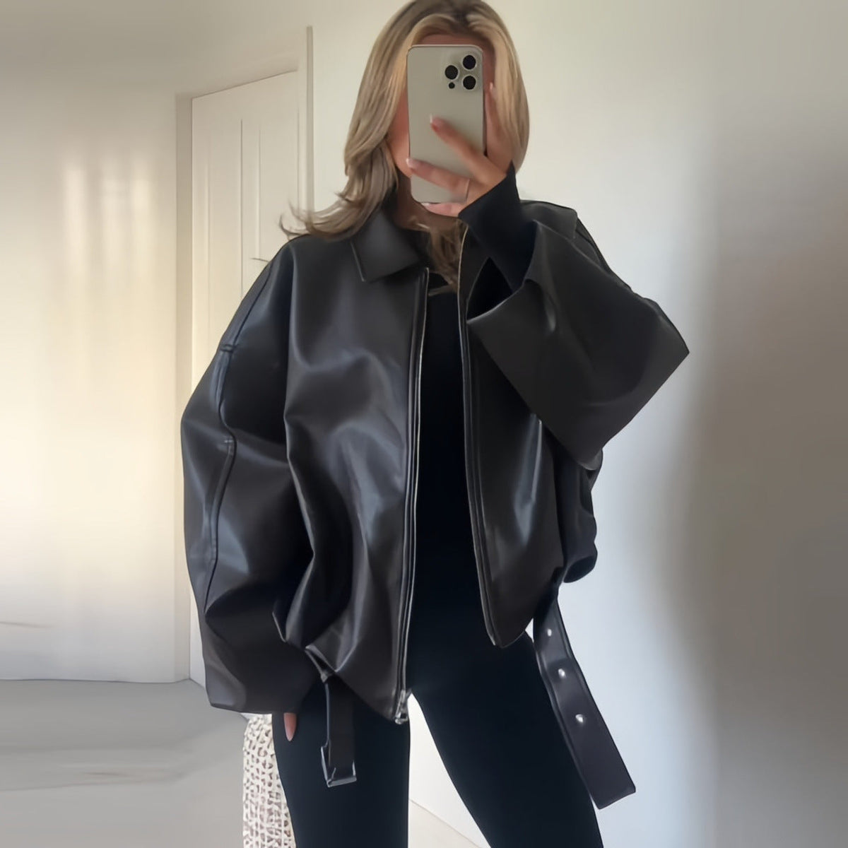 Damen oversized Kunstlederjacke mit lässigem Schnitt R&B