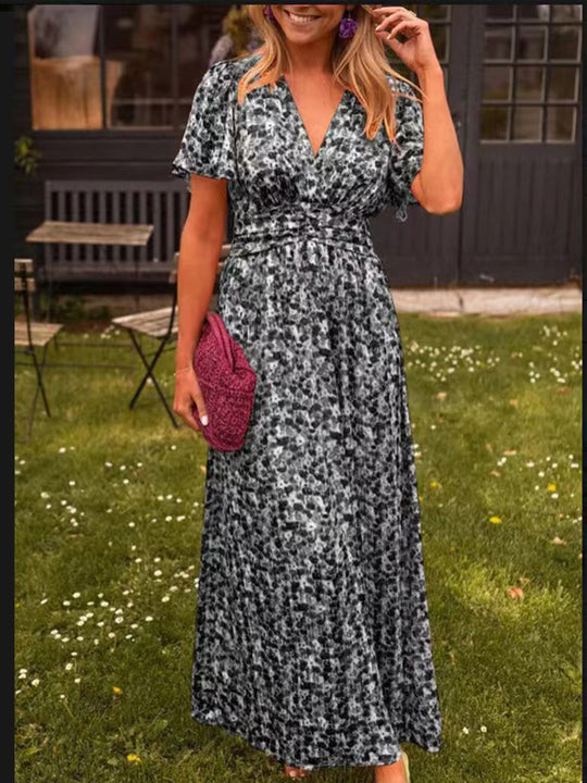 Damen Maxikleid mit floraler Raffung und V-Ausschnitt R&B