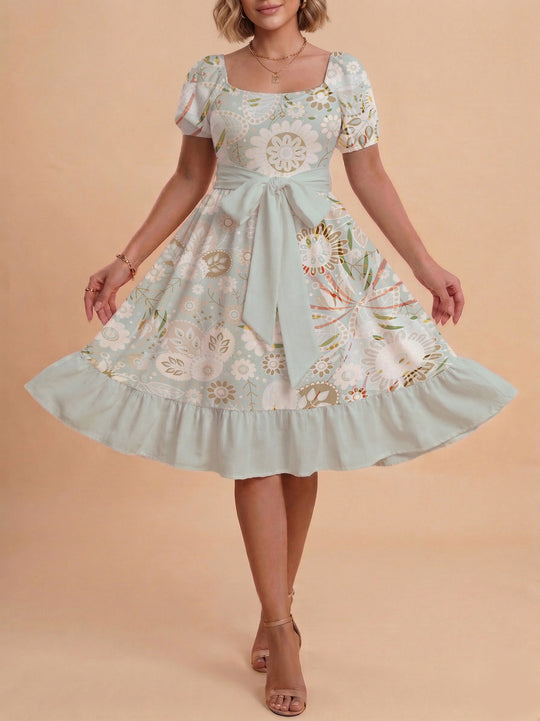 Damen modernes Blumenkleid mit elegantem Taillengürtel und asymmetrischem Saum R&B