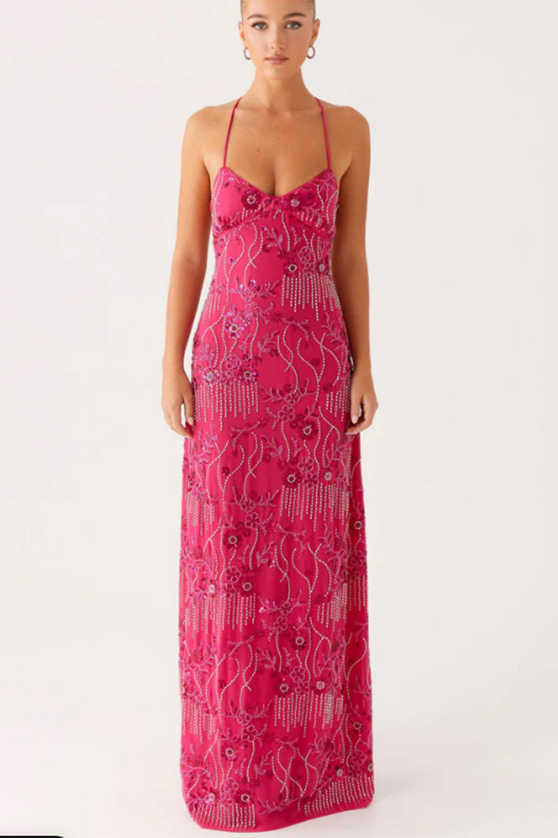 Damen Elegantes Maxikleid mit floralem Perlenstick und feinen Spaghetti-Trägern