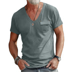 Herren V-Ausschnitt T-Shirt mit dekorativer Brusttasche und attraktiver Struktur