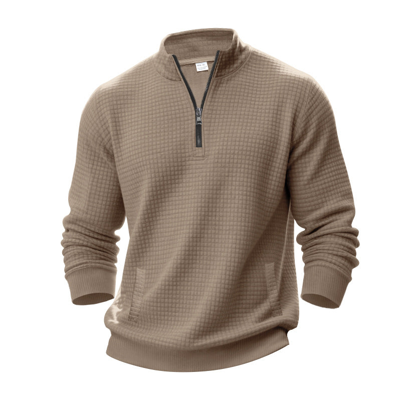 Herren nan Waffelstruktur-Halbzip-Pullover mit Stehkragen und dezenten Eingrifftaschen R&B