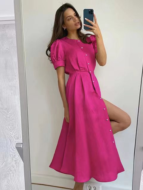 Damen Midi-Kleid mit Puffärmeln und schimmerndem Satin-Finish R&B