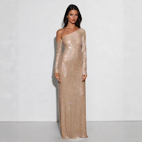 Damen Figurbetontes Abendkleid mit schimmerndem Paillettenbesatz und asymmetrischem Ausschnitt R&B