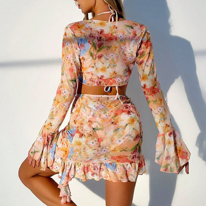 Damen Crop-Top und Wickelrock-Set mit floralen Details R&B