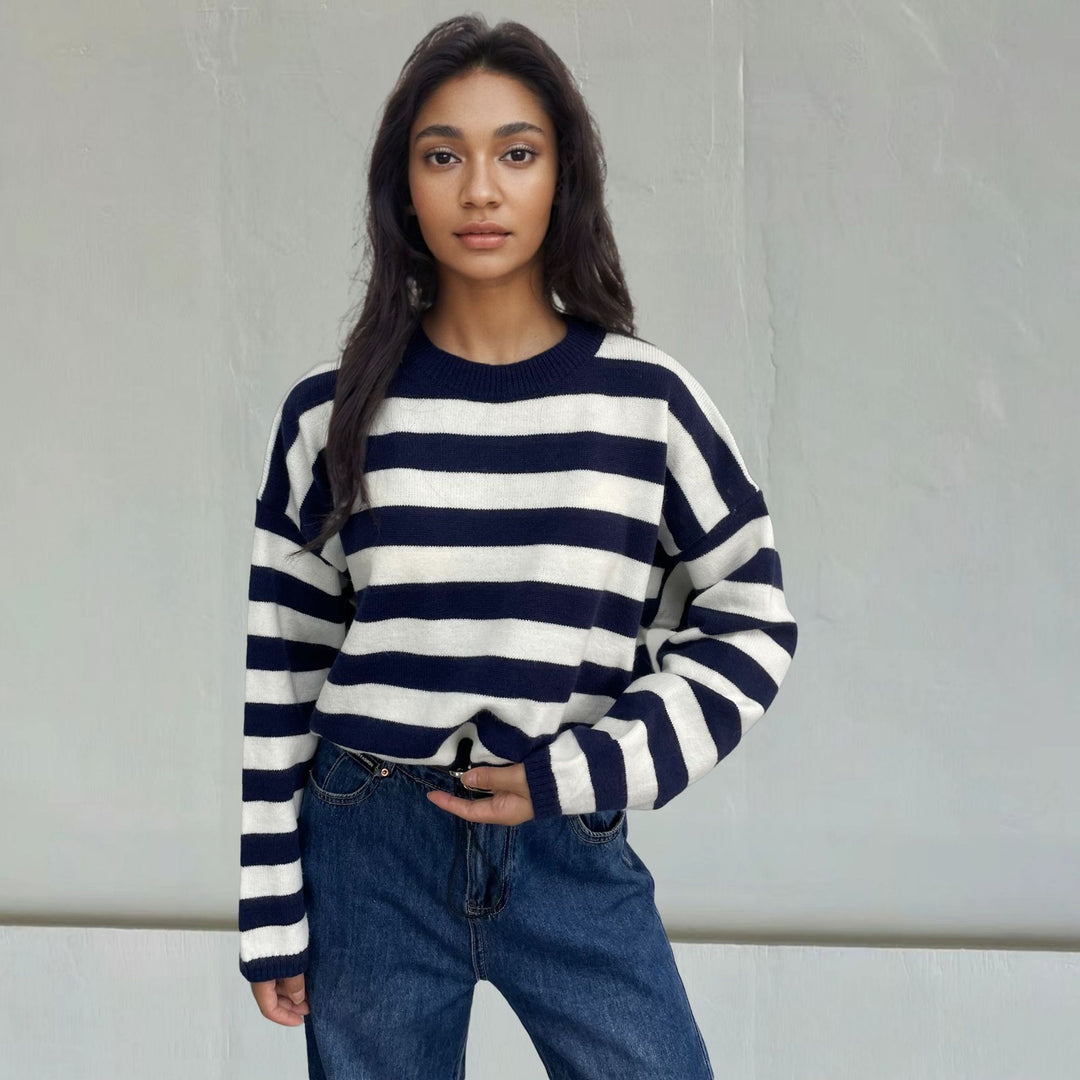Damen lässiger Streifenpullover mit weitem Schnitt und Kordelzug R&B