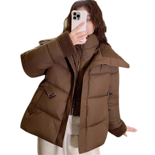 Damen Stylische und warme Pufferjacke mit hohem Kragen und praktischen Taschen R&B