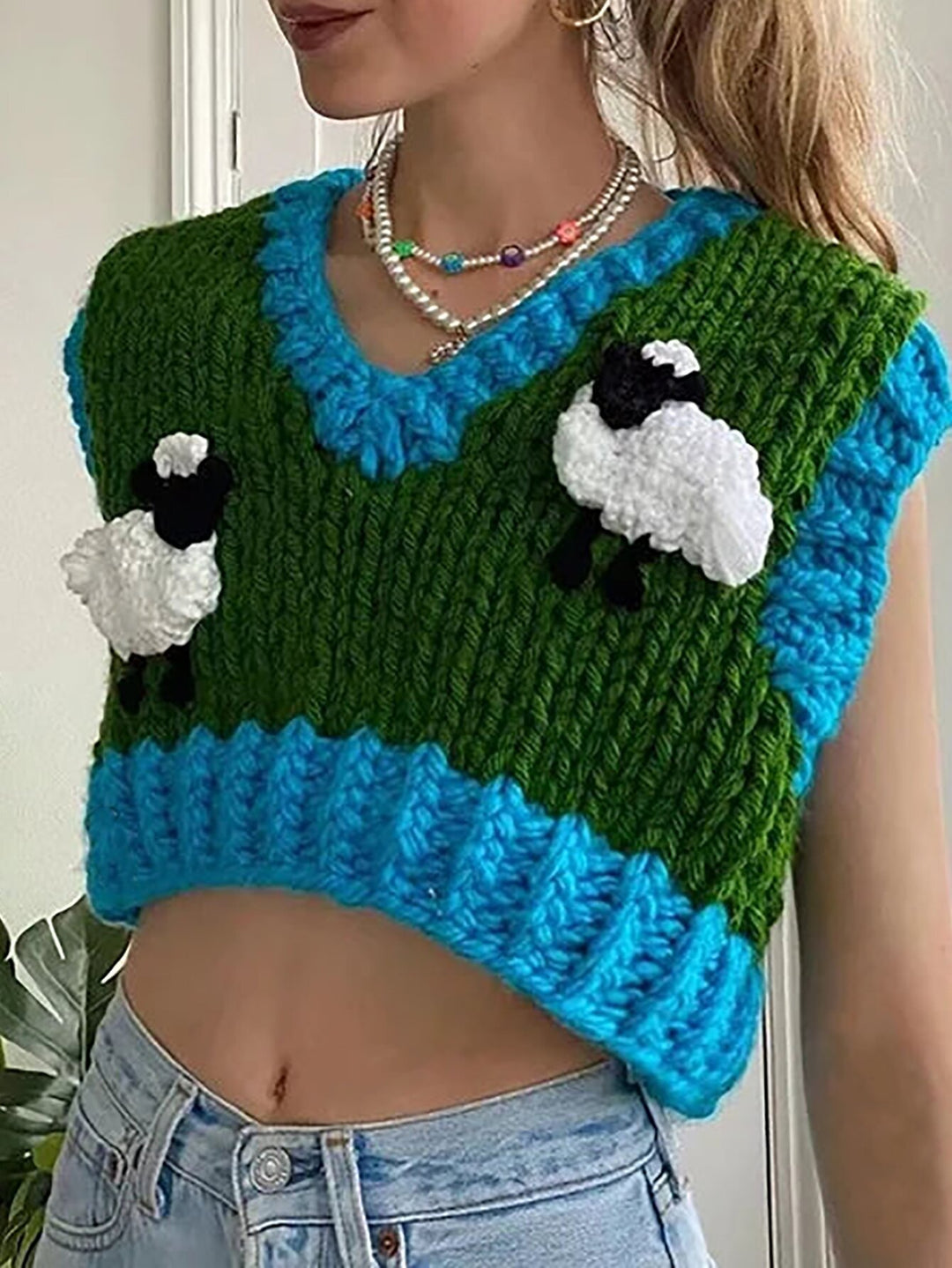 Damen gehäkeltes Crop-Top mit kreativen Schafmotiven R&B