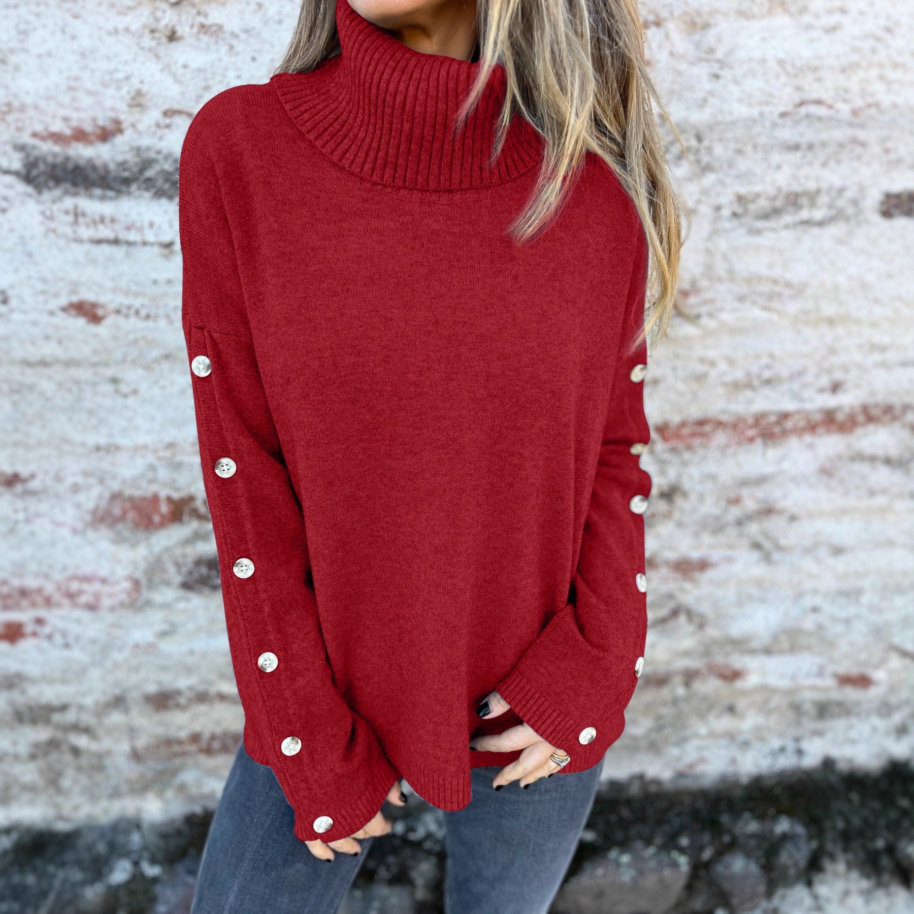 Damen Modischer Rollkragenpullover mit Knopfdetails R&B