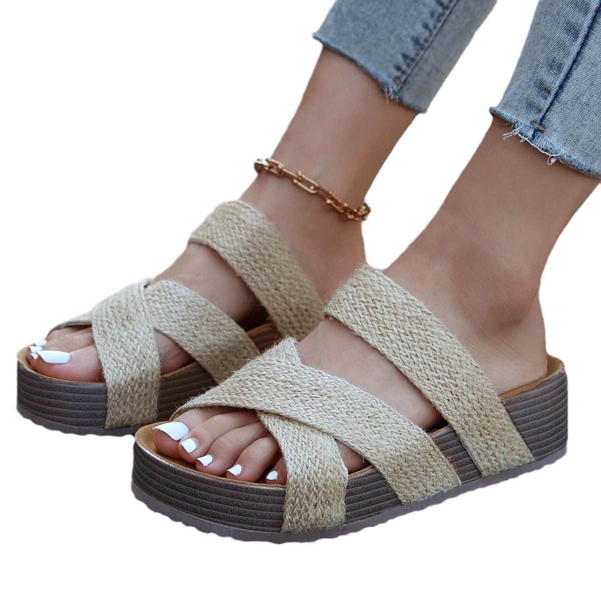 Damen bequeme Plateau-Sandalen mit geflochtenem Riemen-Design und ergonomischer Fußbettgestaltung EB