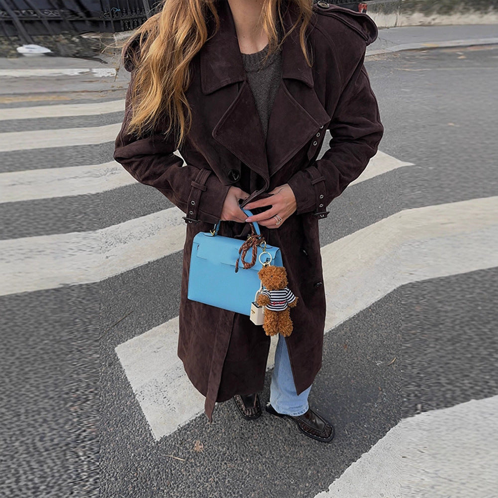 Damen Langer Trenchcoat aus weichem Wildlederimitat mit modischen Details R&B