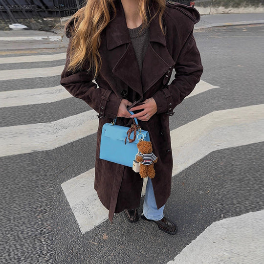 Damen Langer Trenchcoat aus weichem Wildlederimitat mit modischen Details R&B