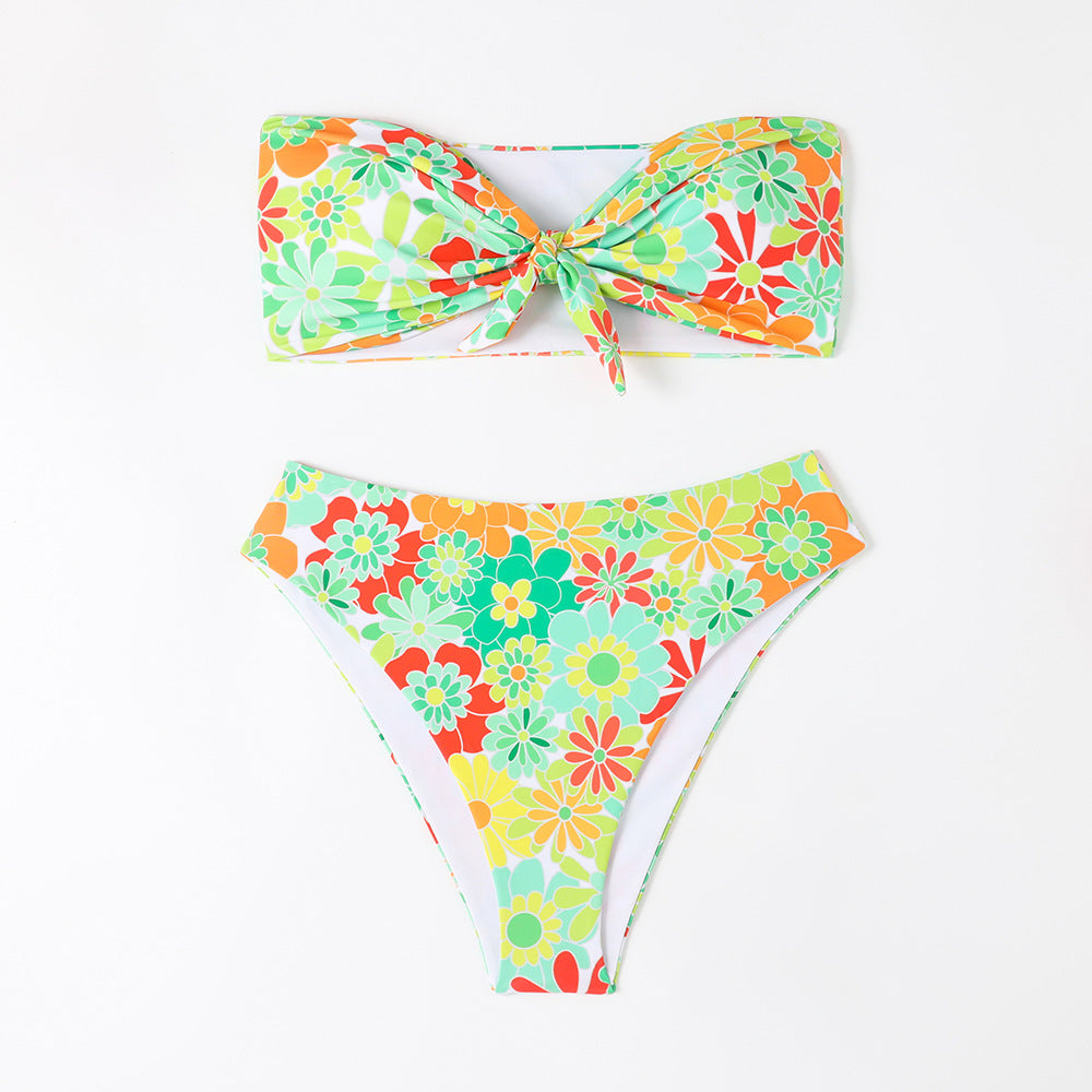 Damen Bandeau Bikini mit modischem Blumenmuster und verspieltem Knotendetail R&B