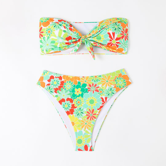 Damen Bandeau Bikini mit modischem Blumenmuster und verspieltem Knotendetail R&B