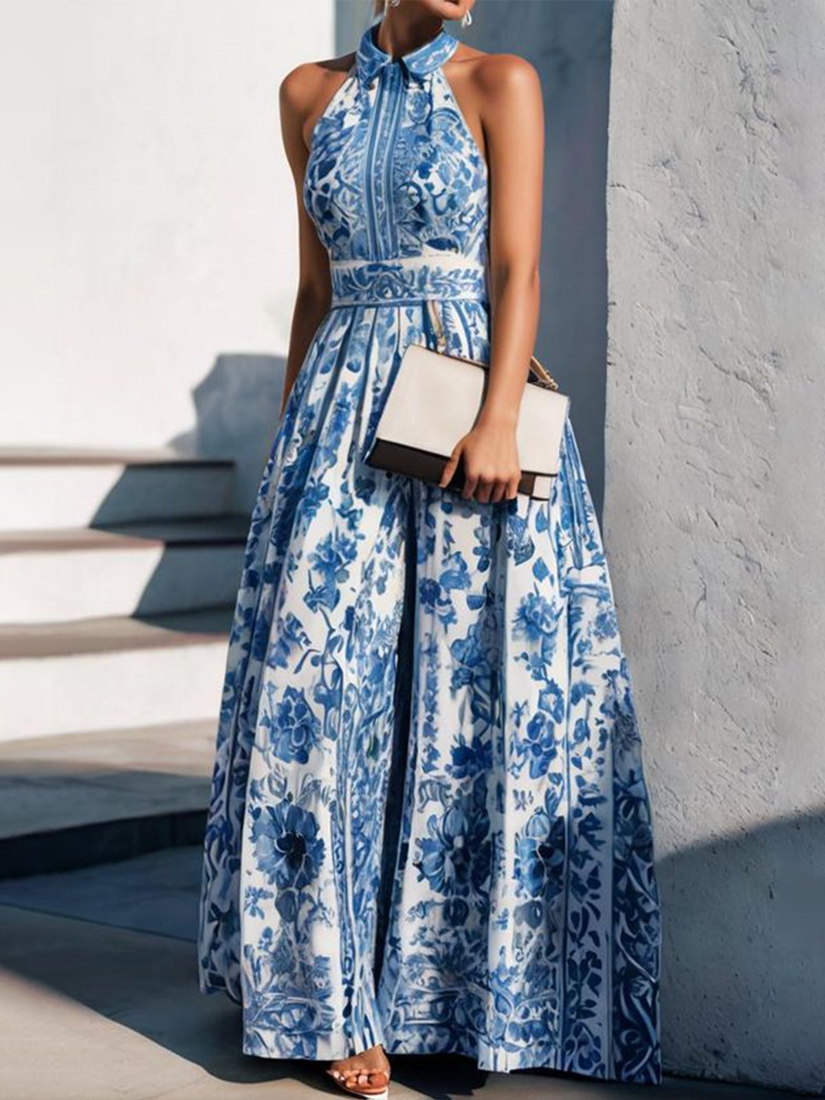 Damen Maxikleid mit floralem Kragen und ausgestelltem Rock R&B