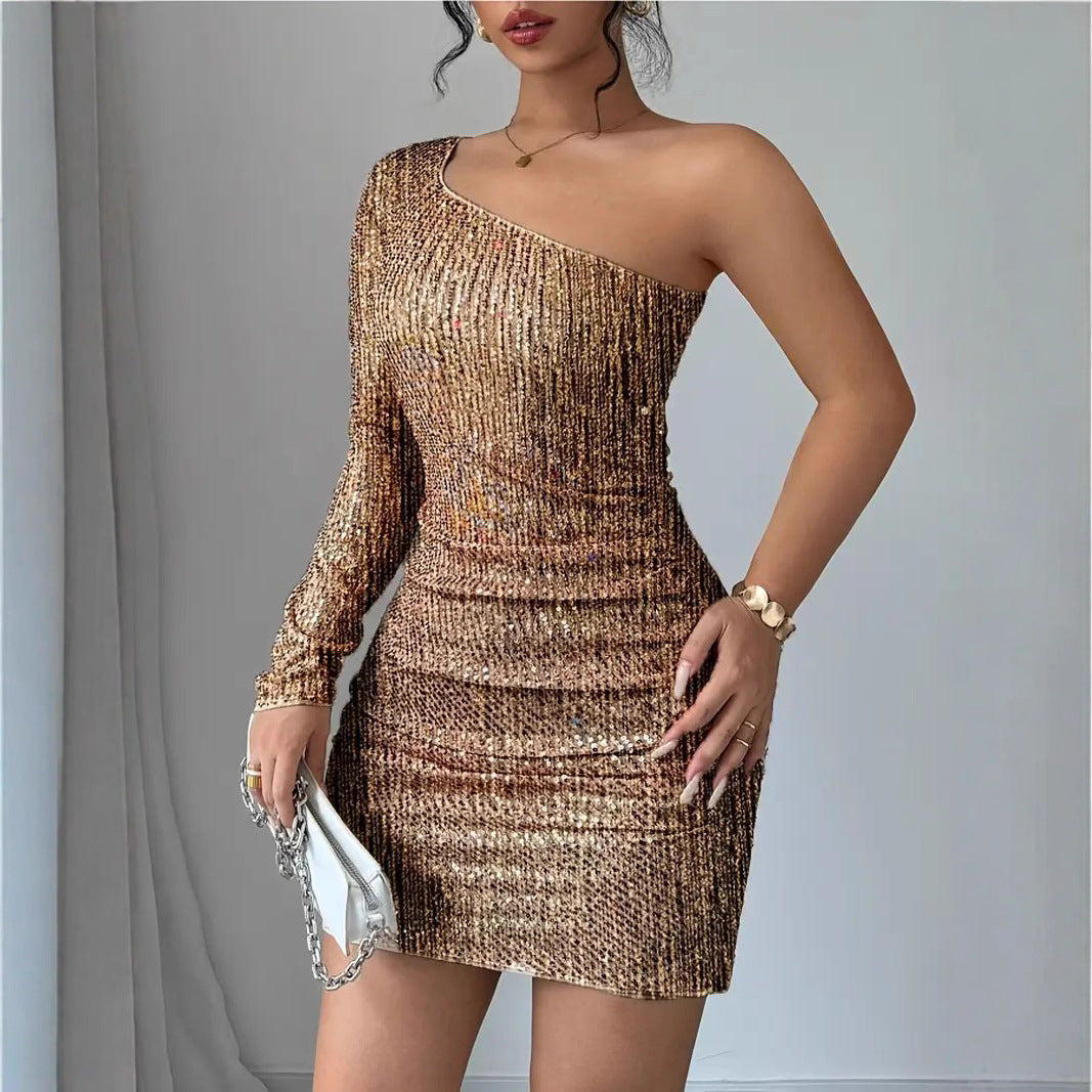 Damen Glitzerndes Cocktailkleid mit asymmetrischem Träger und Raffungen R&B