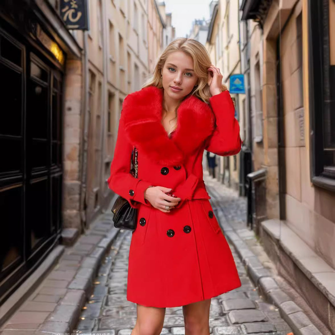 Damen eleganter Trenchcoat mit Kunstpelzkragen und Taillengürtel R&B