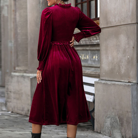 Damen elegantes Langarm-Wickelkleid mit Rüschendetails und hohem Rücken R&B
