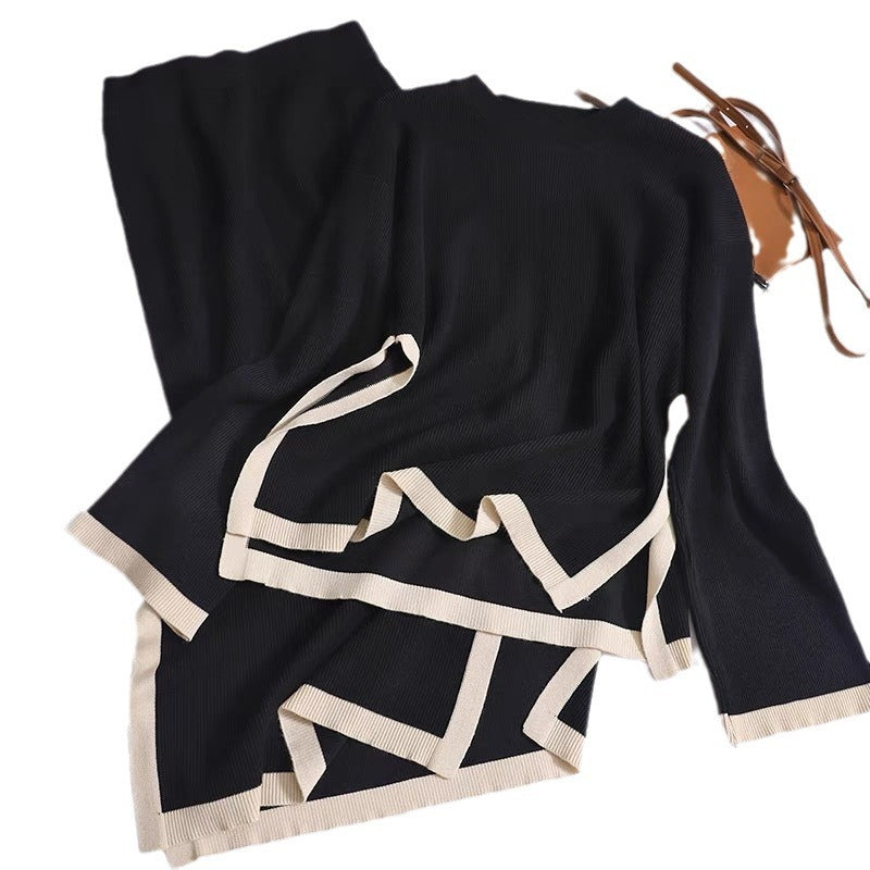 Damen modisches Strick-Loungewear-Set mit dekorativem Kontrastsaum R&B