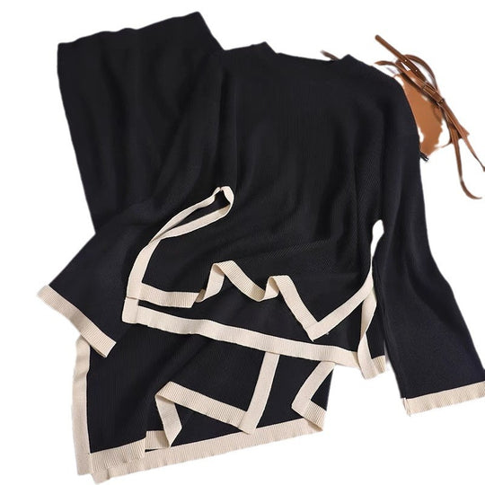 Damen modisches Strick-Loungewear-Set mit dekorativem Kontrastsaum R&B